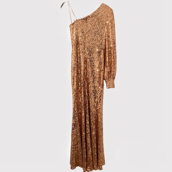Ieena Mac Duggal Sequin Rose Gold One Shoulder Bishop Sleeve Gown Size 8 NEW - Picture 5 of 12